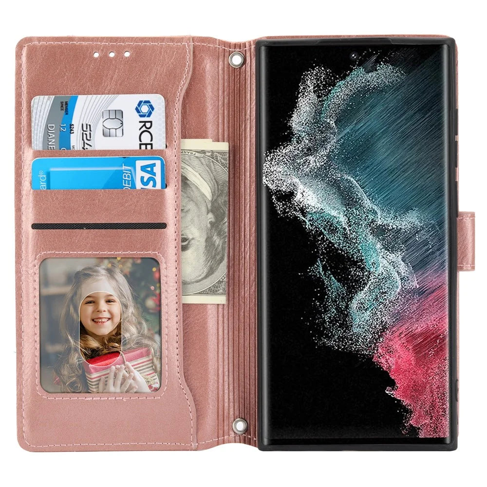 For Samsung Galaxy S25 Ultra Case Zipper Pocket Leather Phone Cover with Crossbody Shoulder Strap - Rose Gold - 2