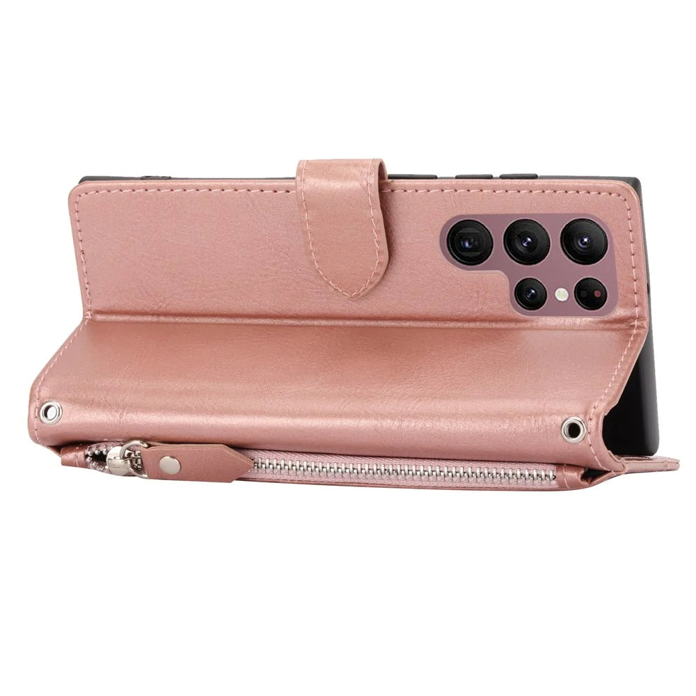 For Samsung Galaxy S25 Ultra Case Zipper Pocket Leather Phone Cover with Crossbody Shoulder Strap - Rose Gold - 4