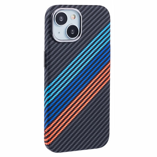 For iPhone 14 Case Compatible with MagSafe Carbon Fiber Texture Water-Transfer PC Phone Cover - Baby Blue+Dark Blue+Red - 1