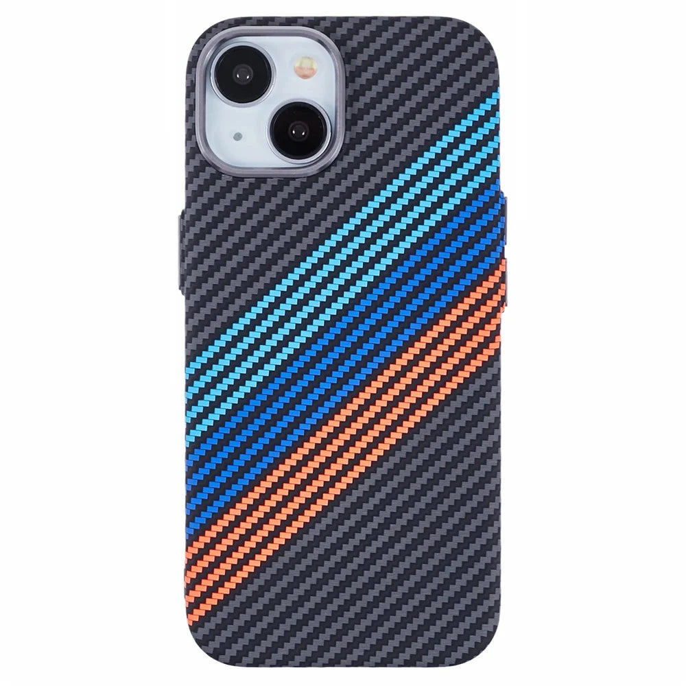 For iPhone 14 Case Compatible with MagSafe Carbon Fiber Texture Water-Transfer PC Phone Cover - Baby Blue+Dark Blue+Red - 3