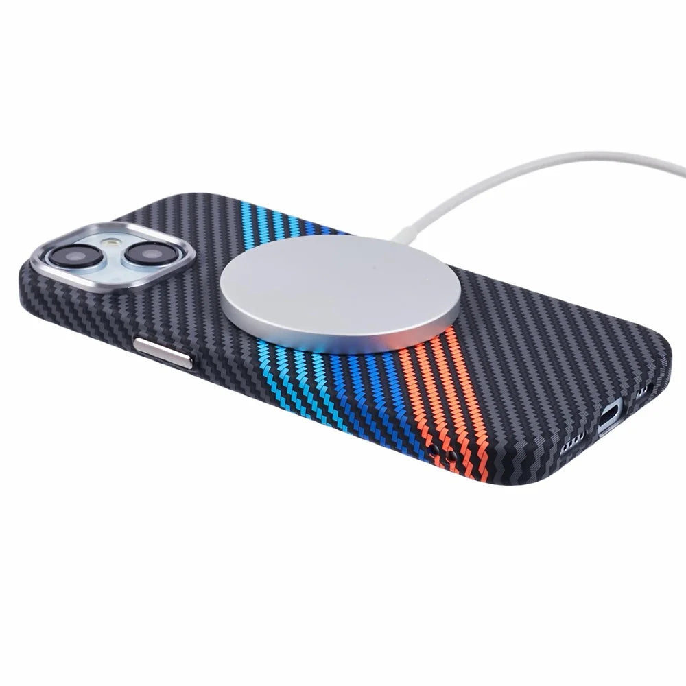 For iPhone 14 Case Compatible with MagSafe Carbon Fiber Texture Water-Transfer PC Phone Cover - Baby Blue+Dark Blue+Red - 4