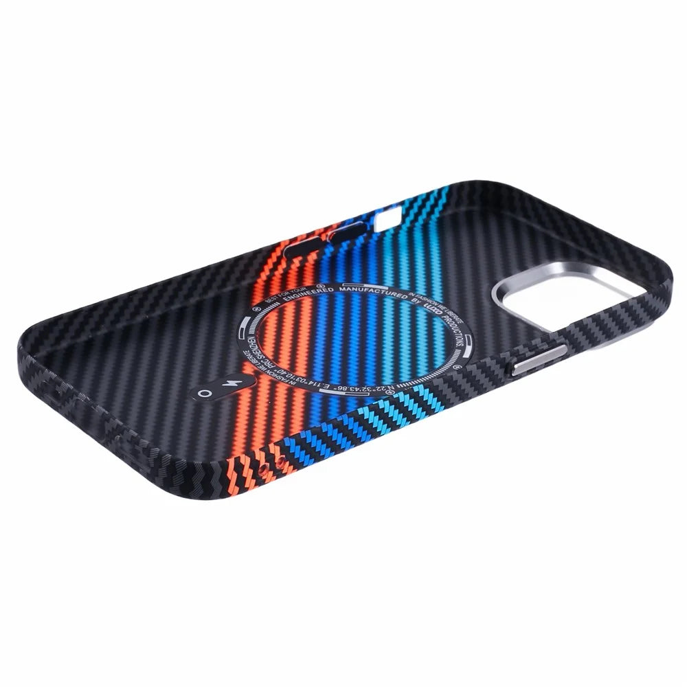For iPhone 14 Case Compatible with MagSafe Carbon Fiber Texture Water-Transfer PC Phone Cover - Baby Blue+Dark Blue+Red - 5