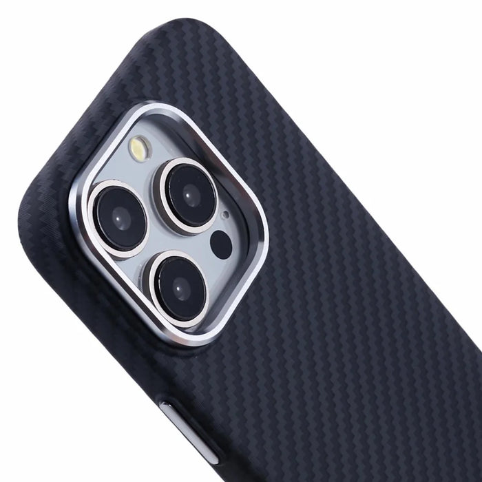 For iPhone 14 Pro Case Compatible with MagSafe Carbon Fiber Texture Water-Transfer PC Phone Cover - Black - 7