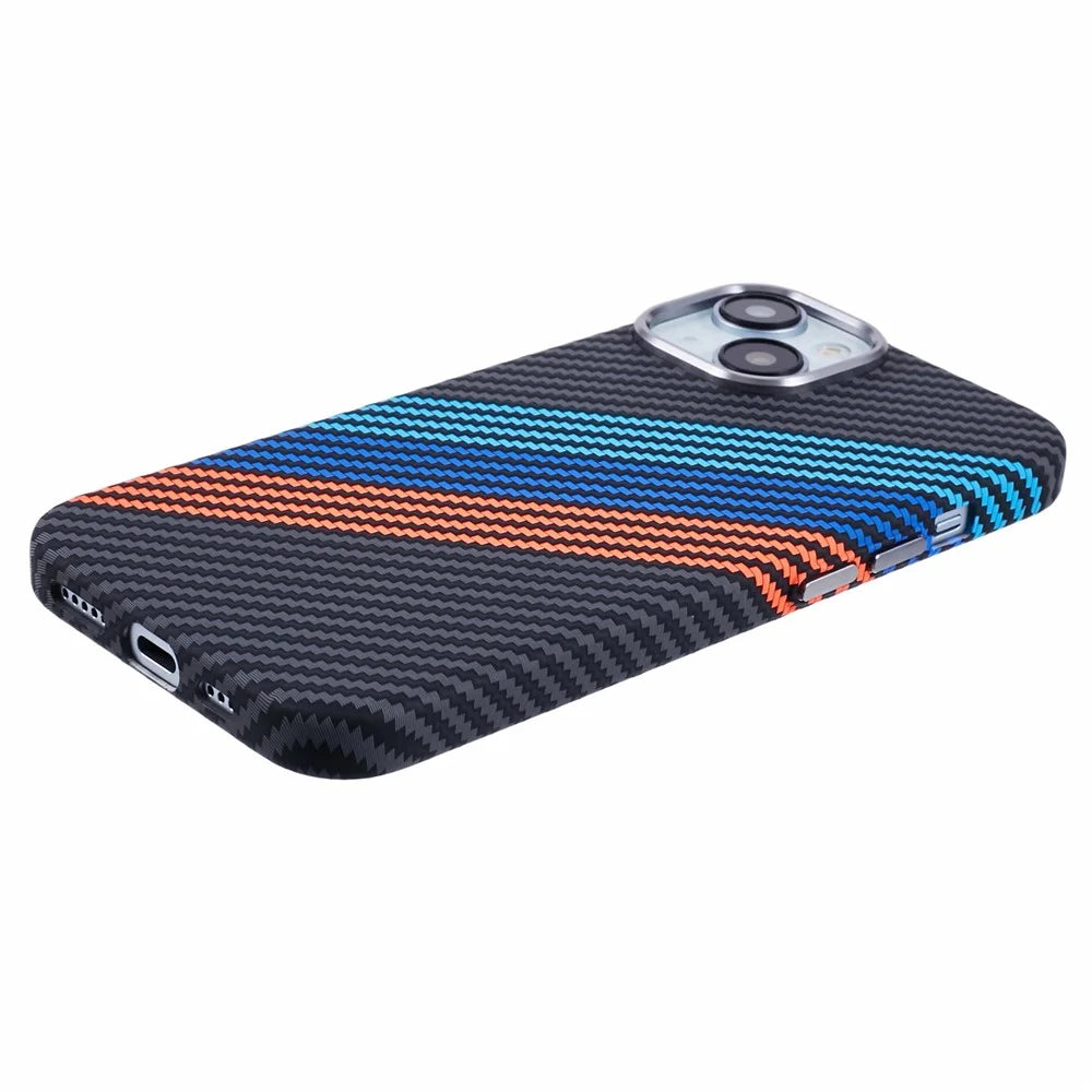 For iPhone 13 Case Compatible with MagSafe Carbon Fiber Texture Water-Transfer PC Phone Cover - Baby Blue+Dark Blue+Red - 6