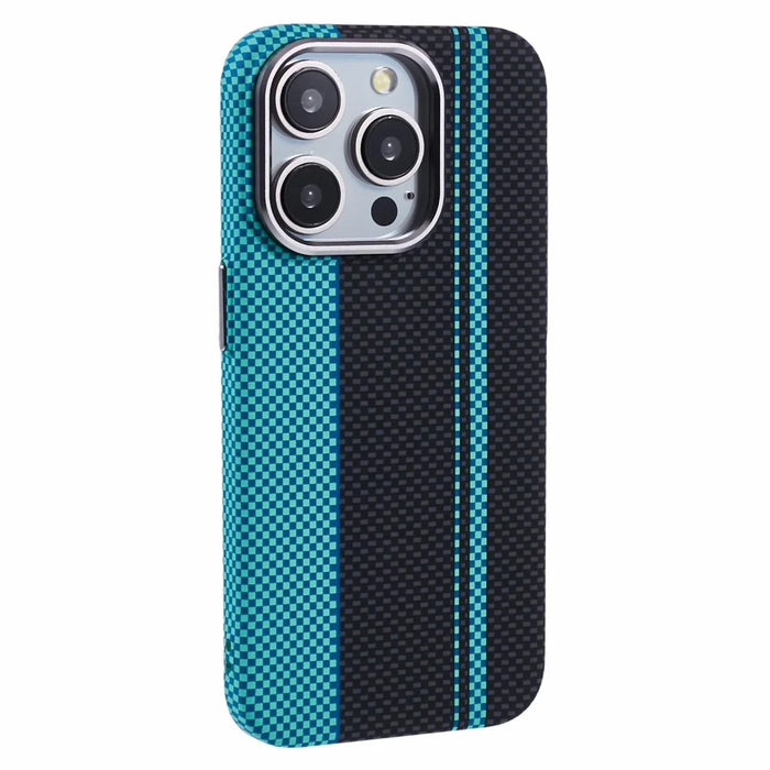 For iPhone 13 Pro Max Case Compatible with MagSafe Carbon Fiber Texture Water-Transfer PC Phone Cover - Blue+Black Stripes - 1