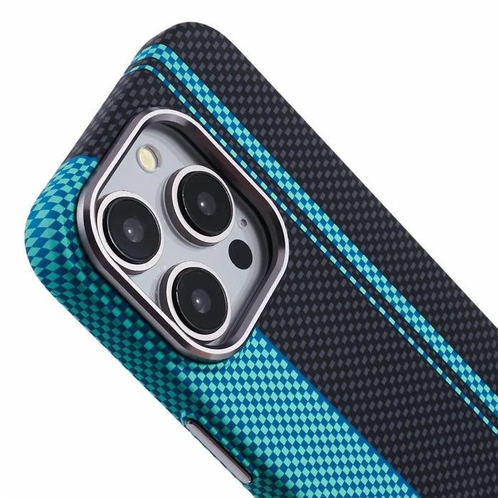 For iPhone 13 Pro Max Case Compatible with MagSafe Carbon Fiber Texture Water-Transfer PC Phone Cover - Blue+Black Stripes - 7