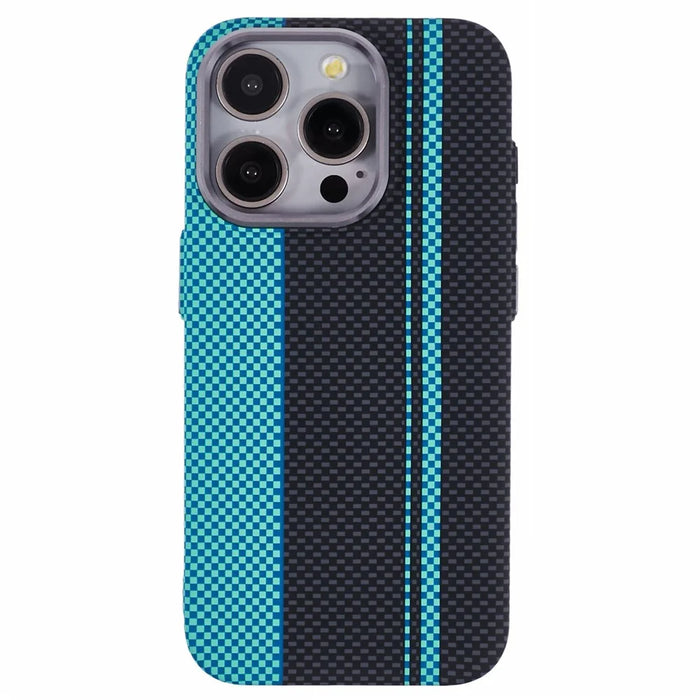 For iPhone 12 / 12 Pro Case Compatible with MagSafe Carbon Fiber Texture Water-Transfer PC Phone Cover - Blue+Black Stripes - 3