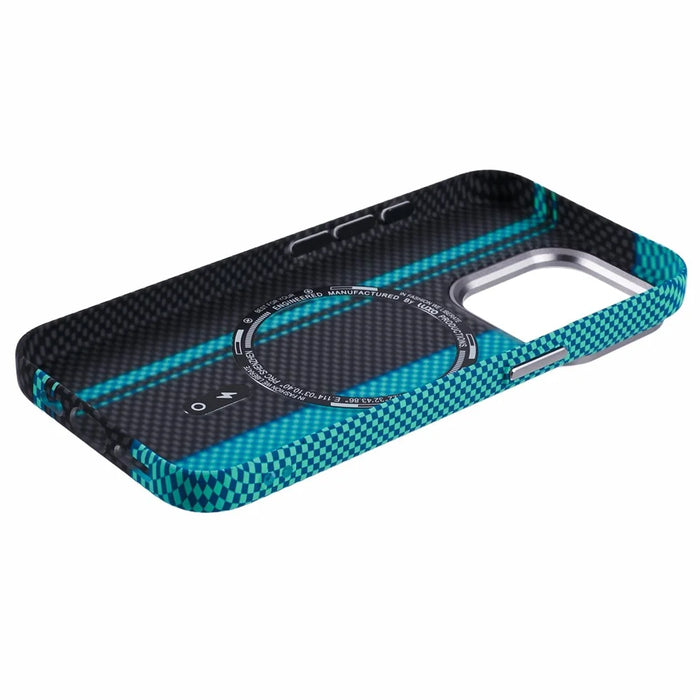For iPhone 12 / 12 Pro Case Compatible with MagSafe Carbon Fiber Texture Water-Transfer PC Phone Cover - Blue+Black Stripes - 5