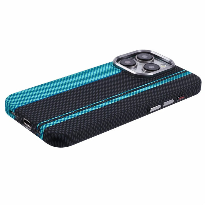 For iPhone 12 / 12 Pro Case Compatible with MagSafe Carbon Fiber Texture Water-Transfer PC Phone Cover - Blue+Black Stripes - 6