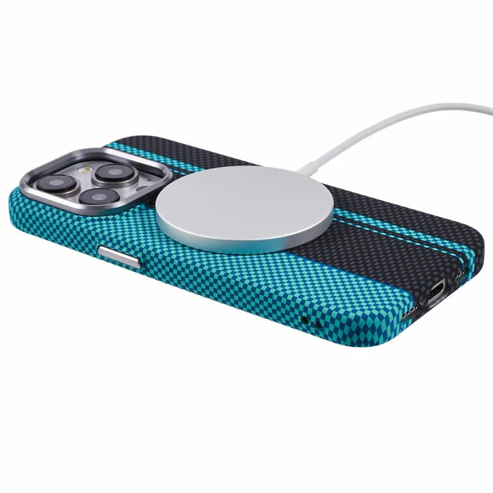 For iPhone 12 Pro Max Case Compatible with MagSafe Carbon Fiber Texture Water-Transfer PC Phone Cover - Blue+Black Stripes - 4