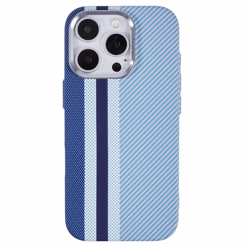 For iPhone 16 Pro Max Case Compatible with MagSafe Carbon Fiber Texture Water-Transfer PC Phone Cover - Blue Vertical Stripes - 3