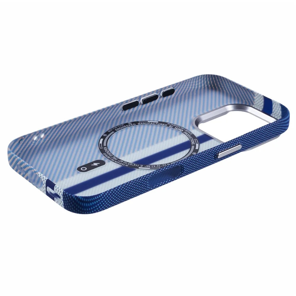 For iPhone 16 Pro Max Case Compatible with MagSafe Carbon Fiber Texture Water-Transfer PC Phone Cover - Blue Vertical Stripes - 5