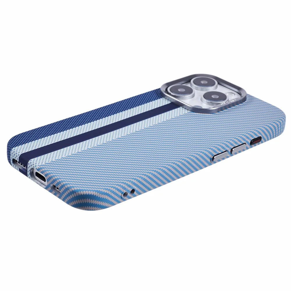 For iPhone 16 Pro Max Case Compatible with MagSafe Carbon Fiber Texture Water-Transfer PC Phone Cover - Blue Vertical Stripes - 6