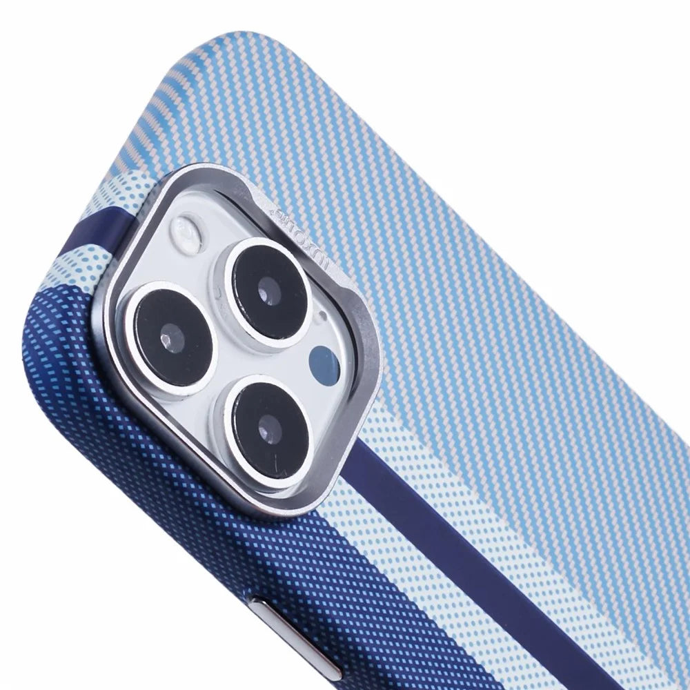 For iPhone 16 Pro Max Case Compatible with MagSafe Carbon Fiber Texture Water-Transfer PC Phone Cover - Blue Vertical Stripes - 7