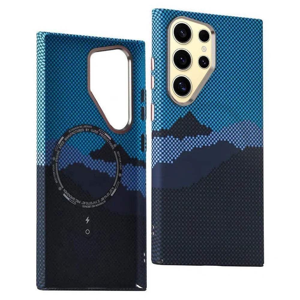 For Samsung Galaxy S24 Ultra Magnetic Case Carbon Fiber Texture Water-Transfer PC Phone Cover - Blue Peak - 1