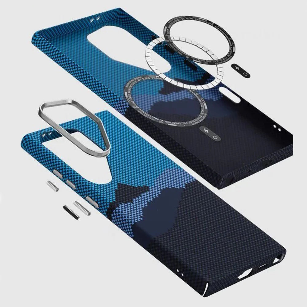For Samsung Galaxy S24 Ultra Magnetic Case Carbon Fiber Texture Water-Transfer PC Phone Cover - Blue Peak - 3