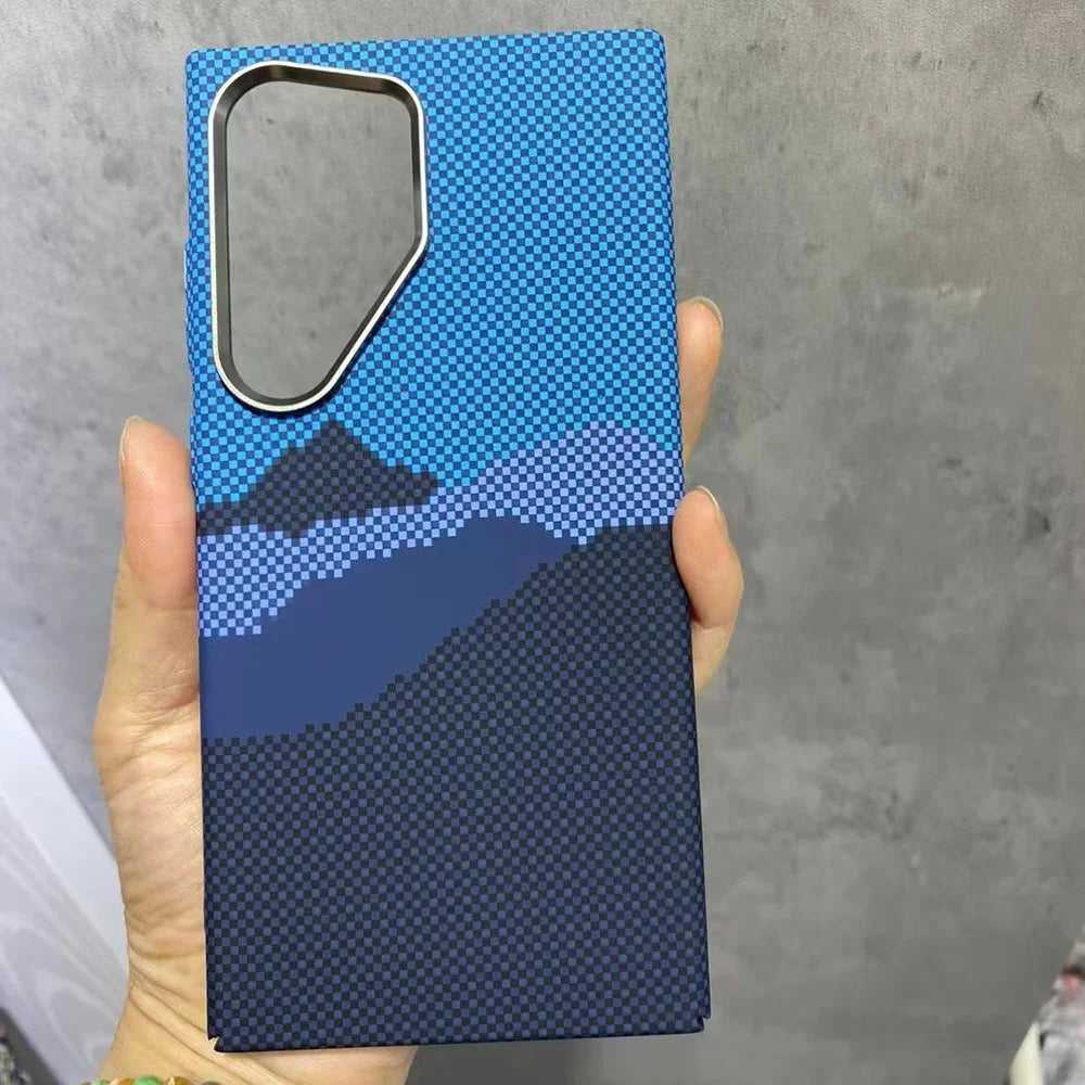 For Samsung Galaxy S24 Ultra Magnetic Case Carbon Fiber Texture Water-Transfer PC Phone Cover - Blue Peak - 4