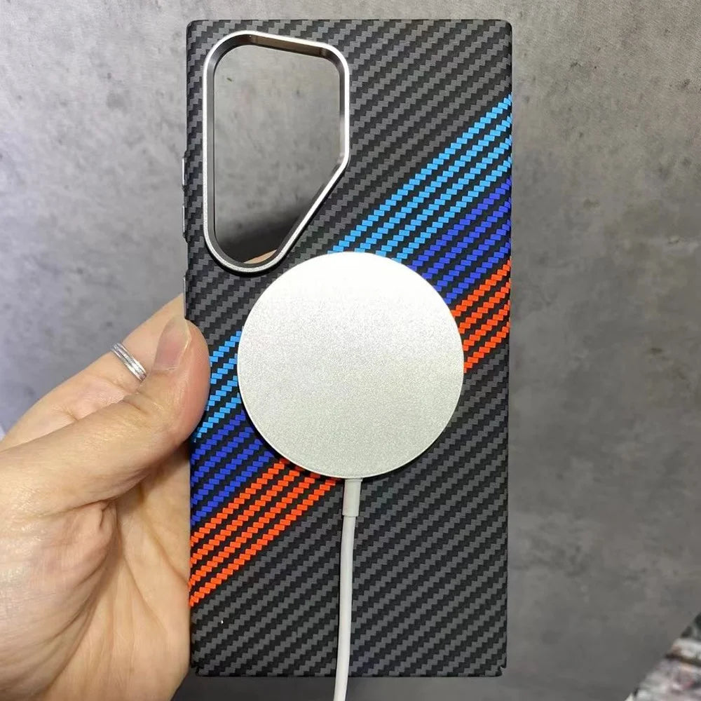 For Samsung Galaxy S24 Ultra Magnetic Case Carbon Fiber Texture Water-Transfer PC Phone Cover - Blue Peak - 5