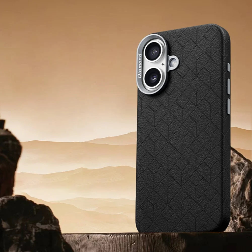 For iPhone 16 Case Compatible with MagSafe Metal Lens Frame Y Pattern PC+PU Phone Cover - Black - 1