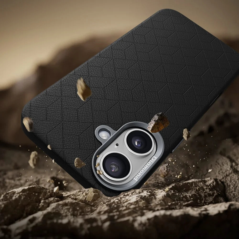 For iPhone 16 Case Compatible with MagSafe Metal Lens Frame Y Pattern PC+PU Phone Cover - Black - 2