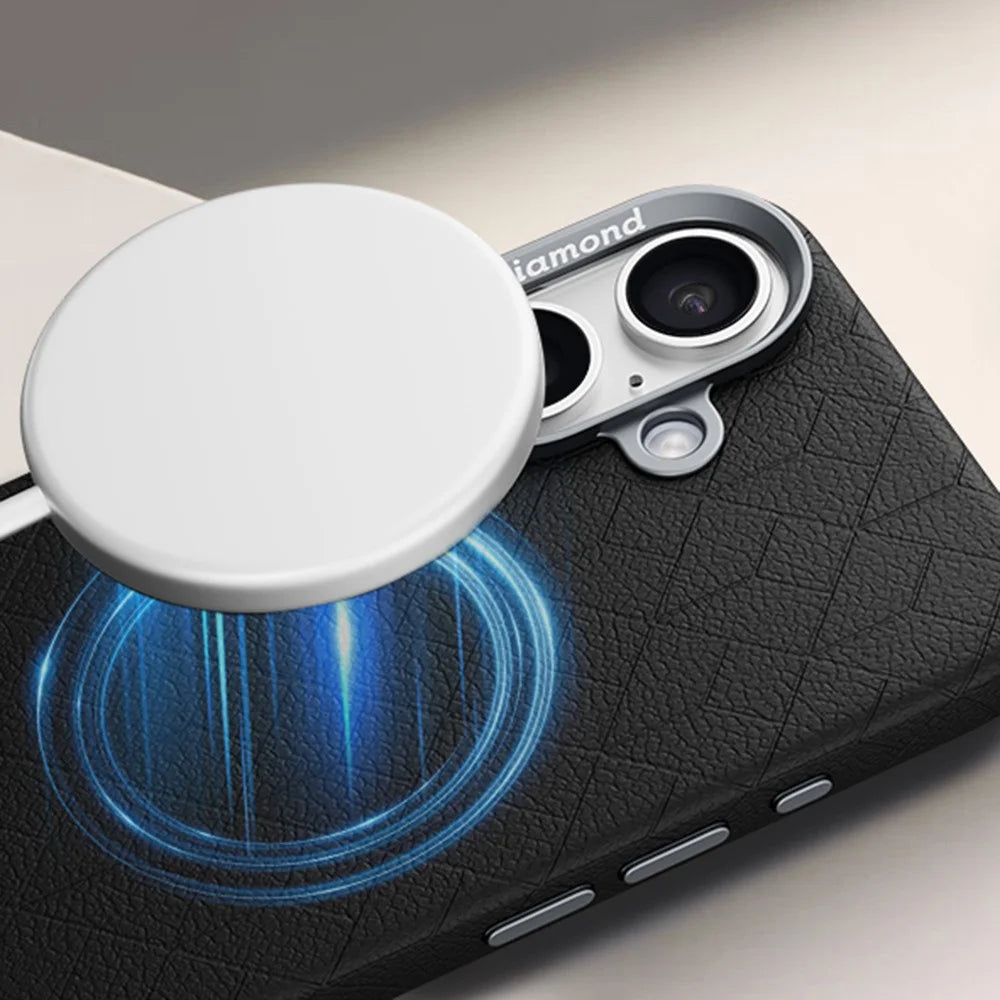 For iPhone 16 Case Compatible with MagSafe Metal Lens Frame Y Pattern PC+PU Phone Cover - Black - 3