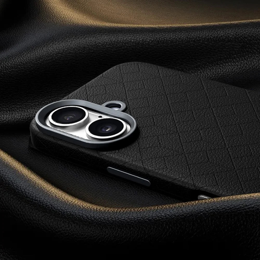 For iPhone 16 Plus Case Compatible with MagSafe Metal Lens Frame Y Pattern PC+PU Phone Cover - Black - 6