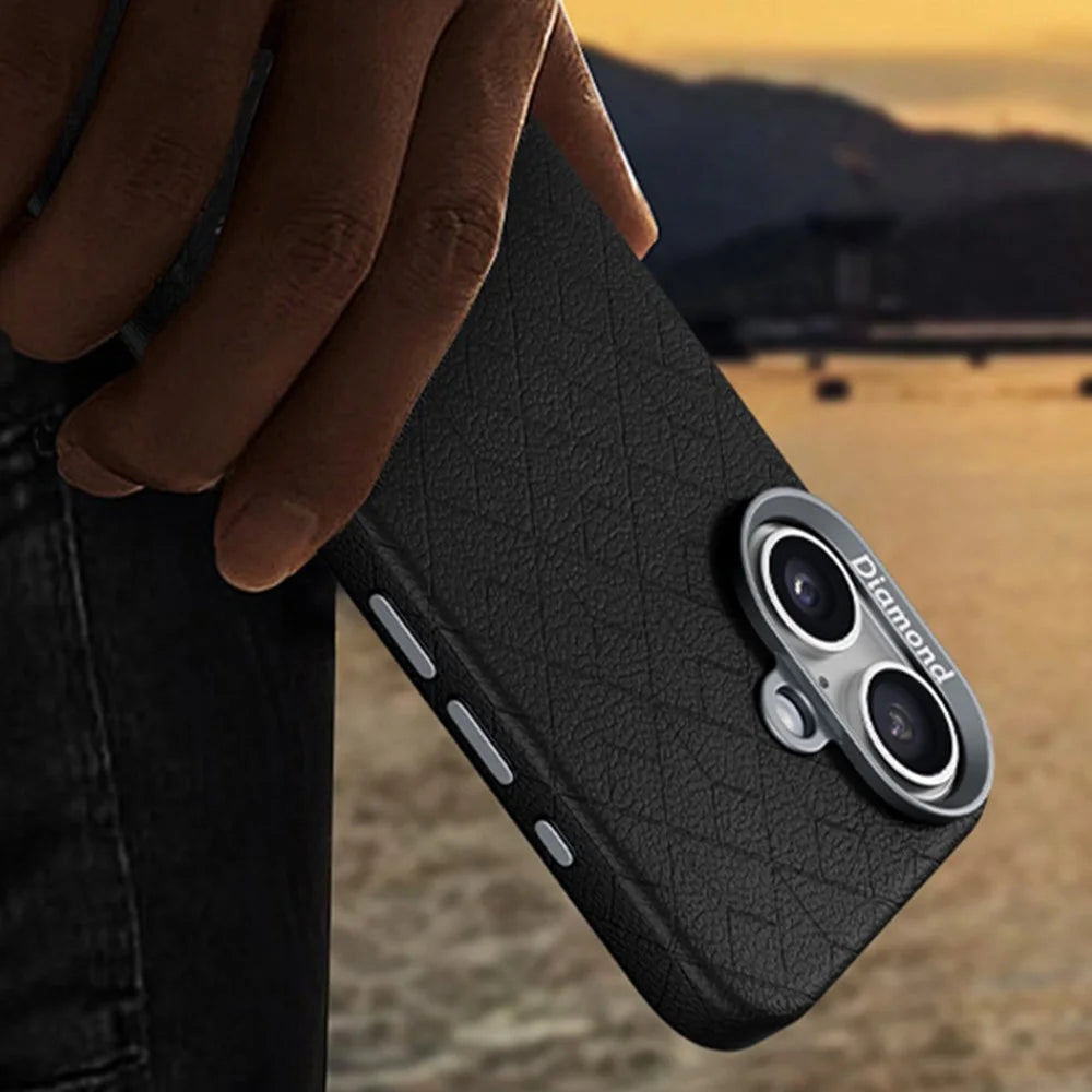 For iPhone 16 Plus Case Compatible with MagSafe Metal Lens Frame Y Pattern PC+PU Phone Cover - Black - 7