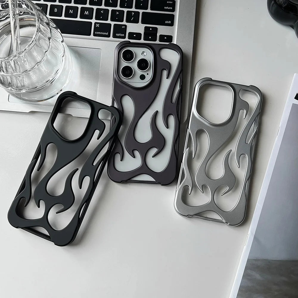 For iPhone 15 Pro Max Case Hollow Flame Design Matte TPU Phone Cover - Black - 7