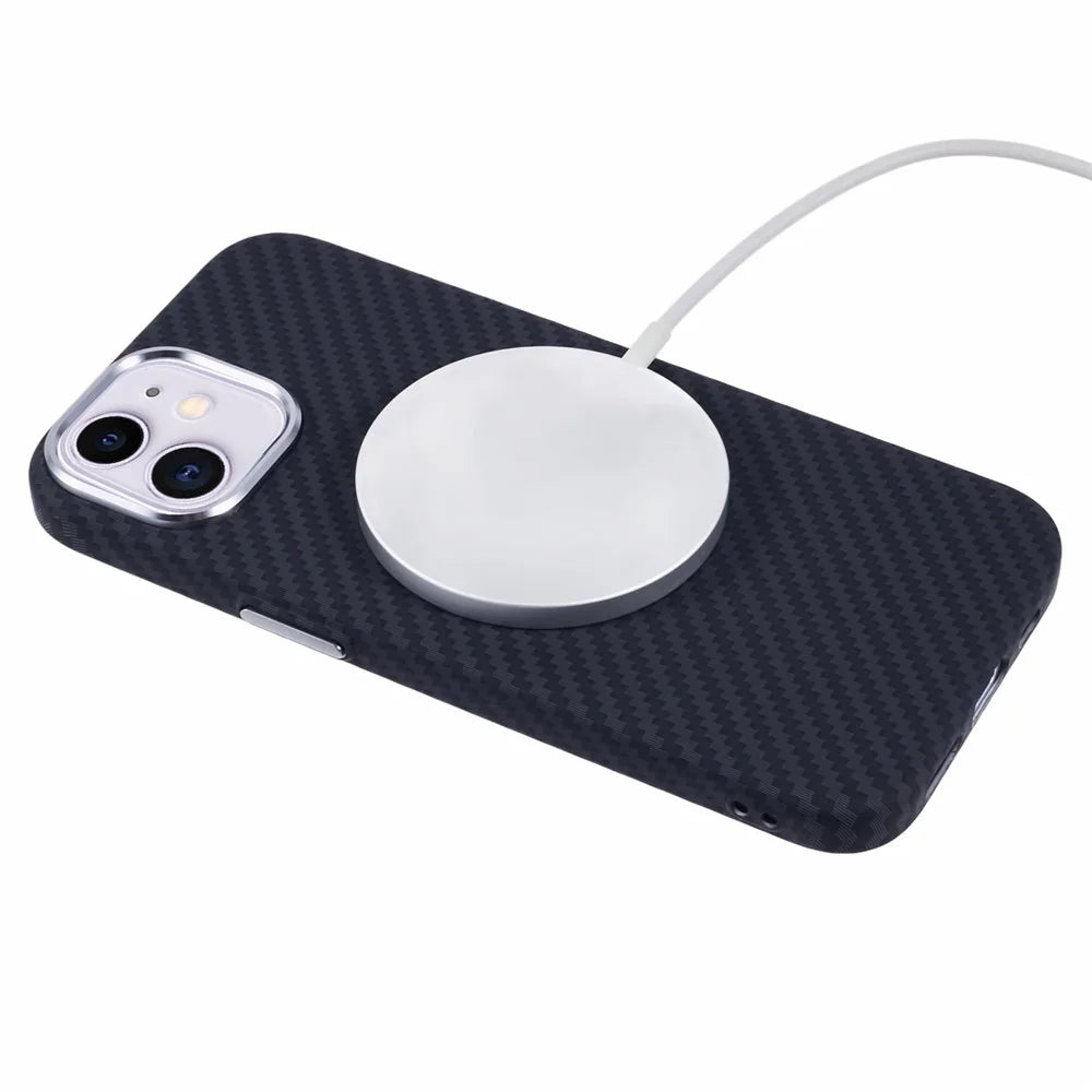 For iPhone 11 Case Compatible with MagSafe Carbon Fiber Texture Water-Transfer PC Phone Cover - Black - 4