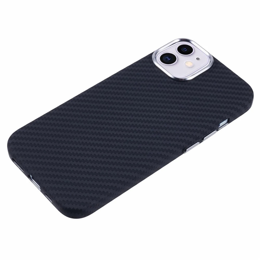 For iPhone 11 Case Compatible with MagSafe Carbon Fiber Texture Water-Transfer PC Phone Cover - Black - 6