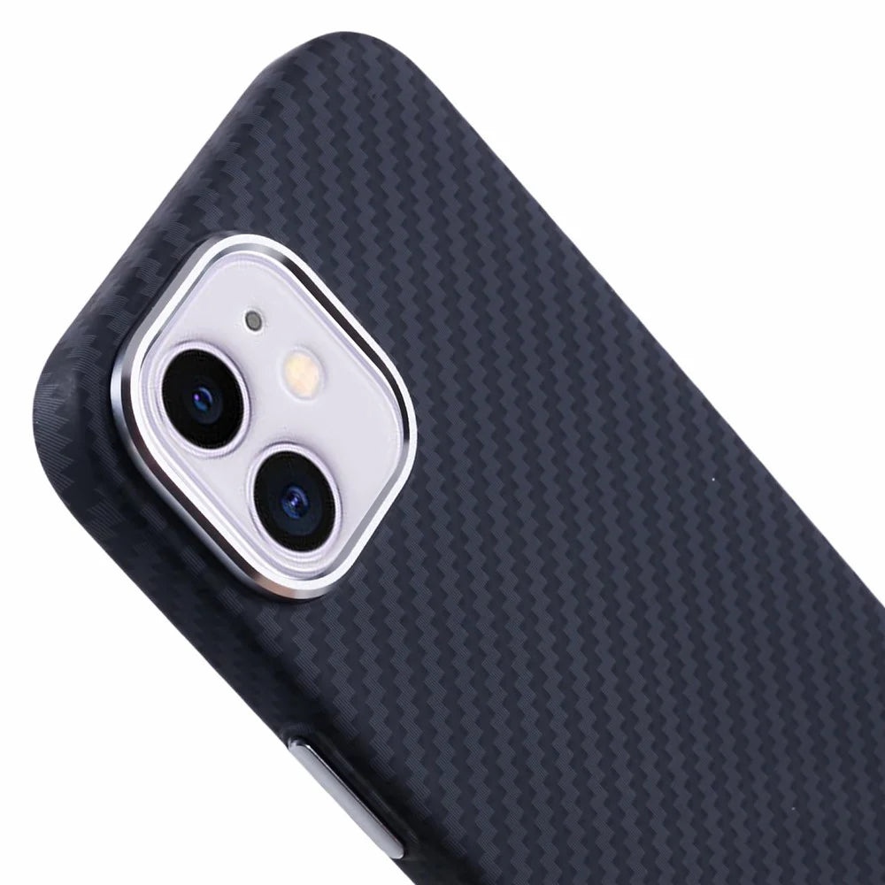 For iPhone 11 Case Compatible with MagSafe Carbon Fiber Texture Water-Transfer PC Phone Cover - Black - 7