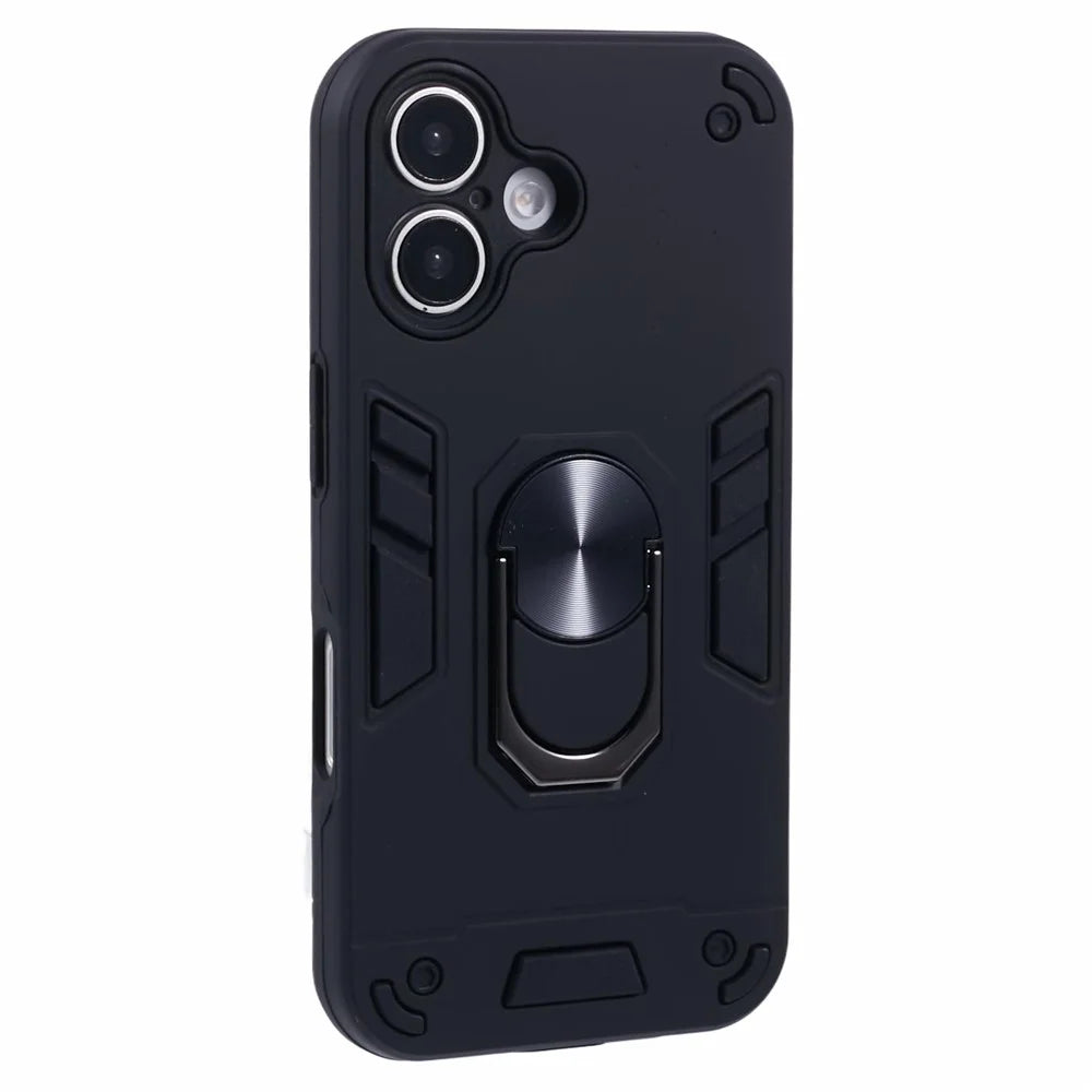 For iPhone 16 Case PC+TPU Drop Defend Phone Cover with Ring Kickstand - Black - 1