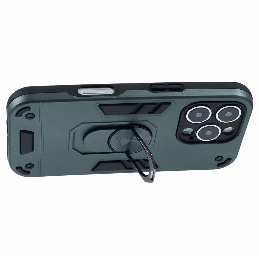 For iPhone 16 Pro Case PC+TPU Drop Defend Phone Cover with Ring Kickstand - Green - 4