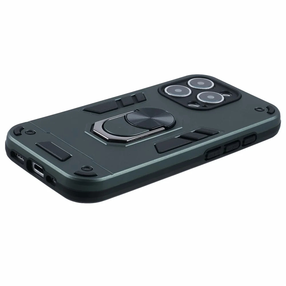 For iPhone 16 Pro Case PC+TPU Drop Defend Phone Cover with Ring Kickstand - Green - 5