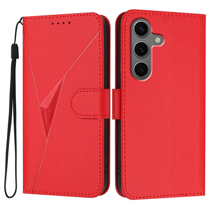 YX0090 For Samsung Galaxy S25 Case Triangle Imprint Leather Phone Cover with Lanyard - Red - 1