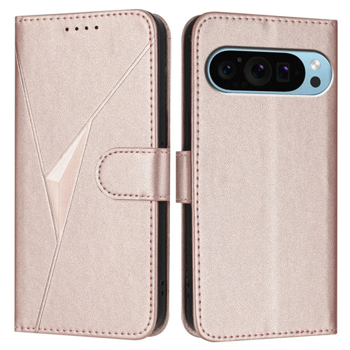 For Google Pixel 9 Pro XL Case Triangle Imprint Leather Phone Cover with Lanyard - Rose Gold - 1