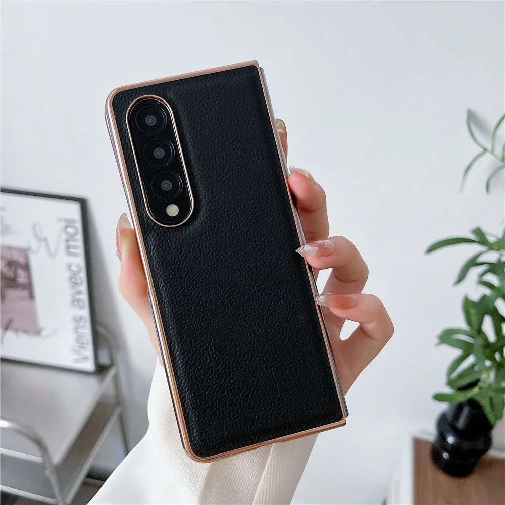 For Samsung Galaxy Z Fold4 5G Horizon Series Nano Electroplating Phone Case PU Leather Coated Hard PC Protective Cover - Black - 3