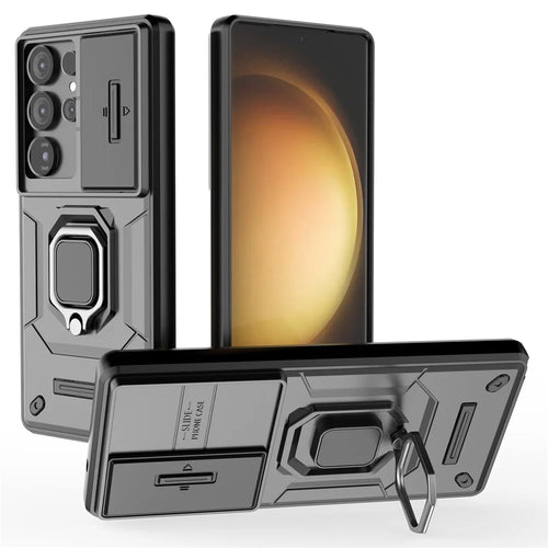For Samsung Galaxy S25 Ultra Case PC+TPU Kickstand Phone Protector with Lens Cover - Black - 1