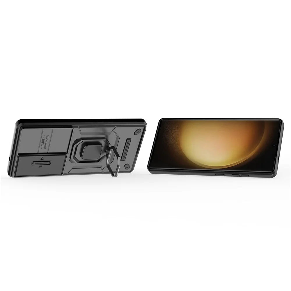 For Samsung Galaxy S25 Ultra Case PC+TPU Kickstand Phone Protector with Lens Cover - Black - 2