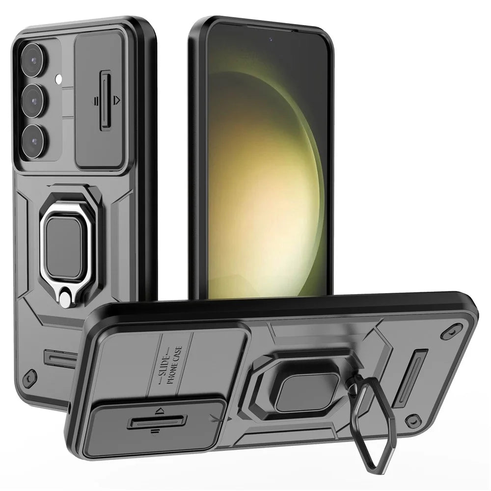 For Samsung Galaxy S25+ Case PC+TPU Kickstand Phone Protector with Lens Cover - Black - 1