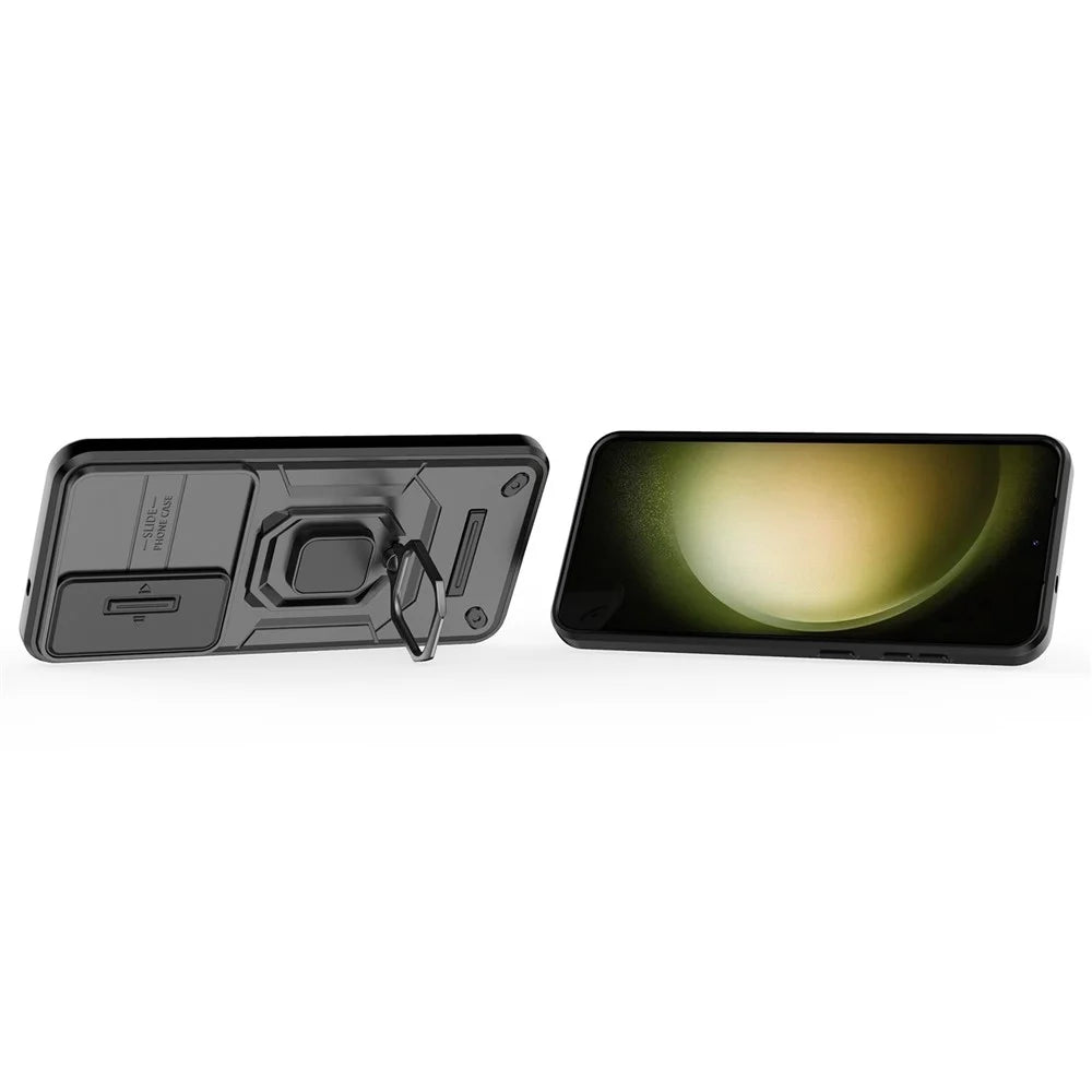 For Samsung Galaxy S25+ Case PC+TPU Kickstand Phone Protector with Lens Cover - Black - 2