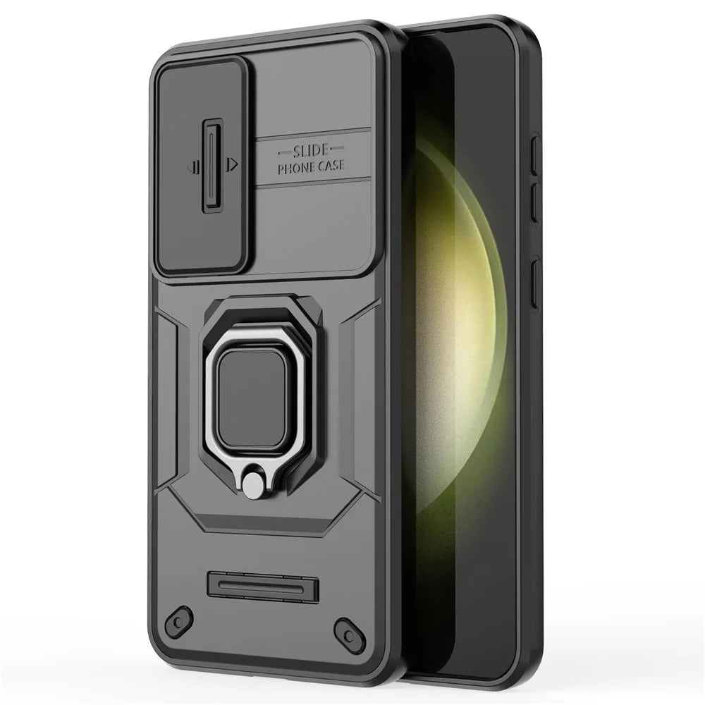 For Samsung Galaxy S25+ Case PC+TPU Kickstand Phone Protector with Lens Cover - Black - 4