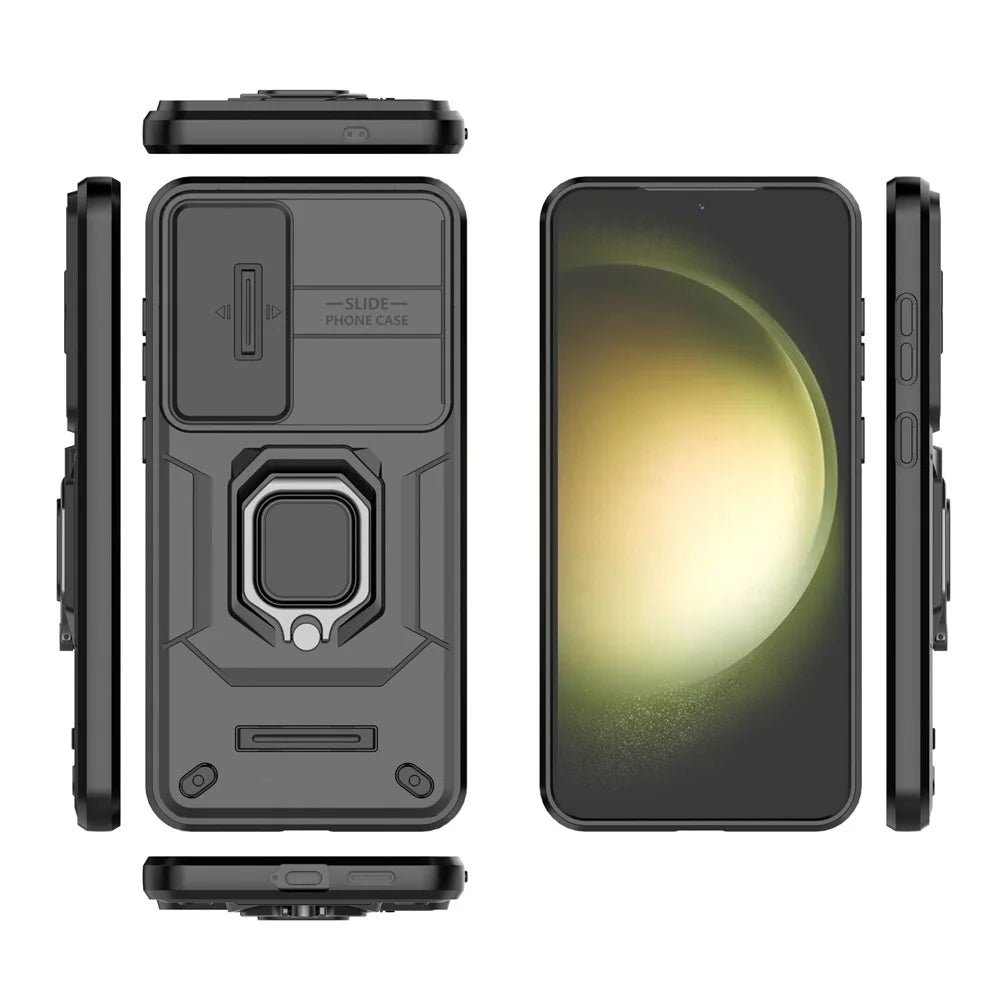 For Samsung Galaxy S25+ Case PC+TPU Kickstand Phone Protector with Lens Cover - Black - 5