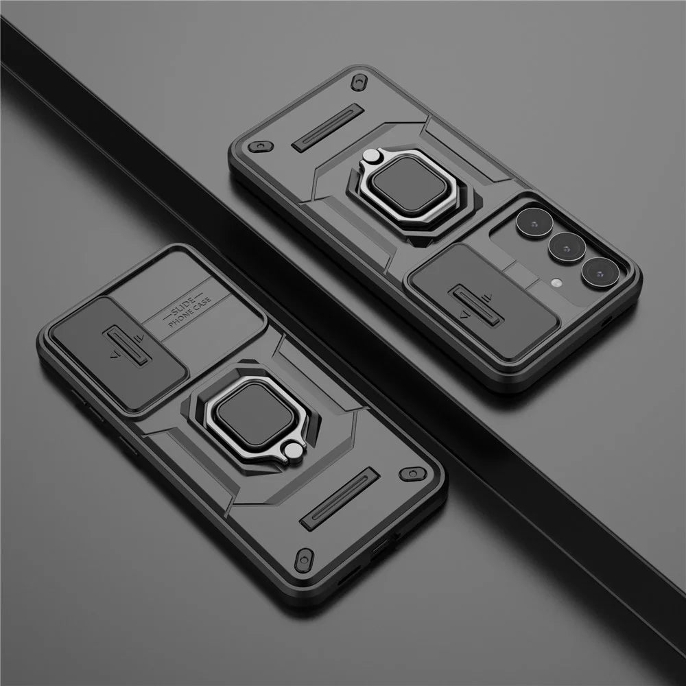 For Samsung Galaxy S25+ Case PC+TPU Kickstand Phone Protector with Lens Cover - Black - 6
