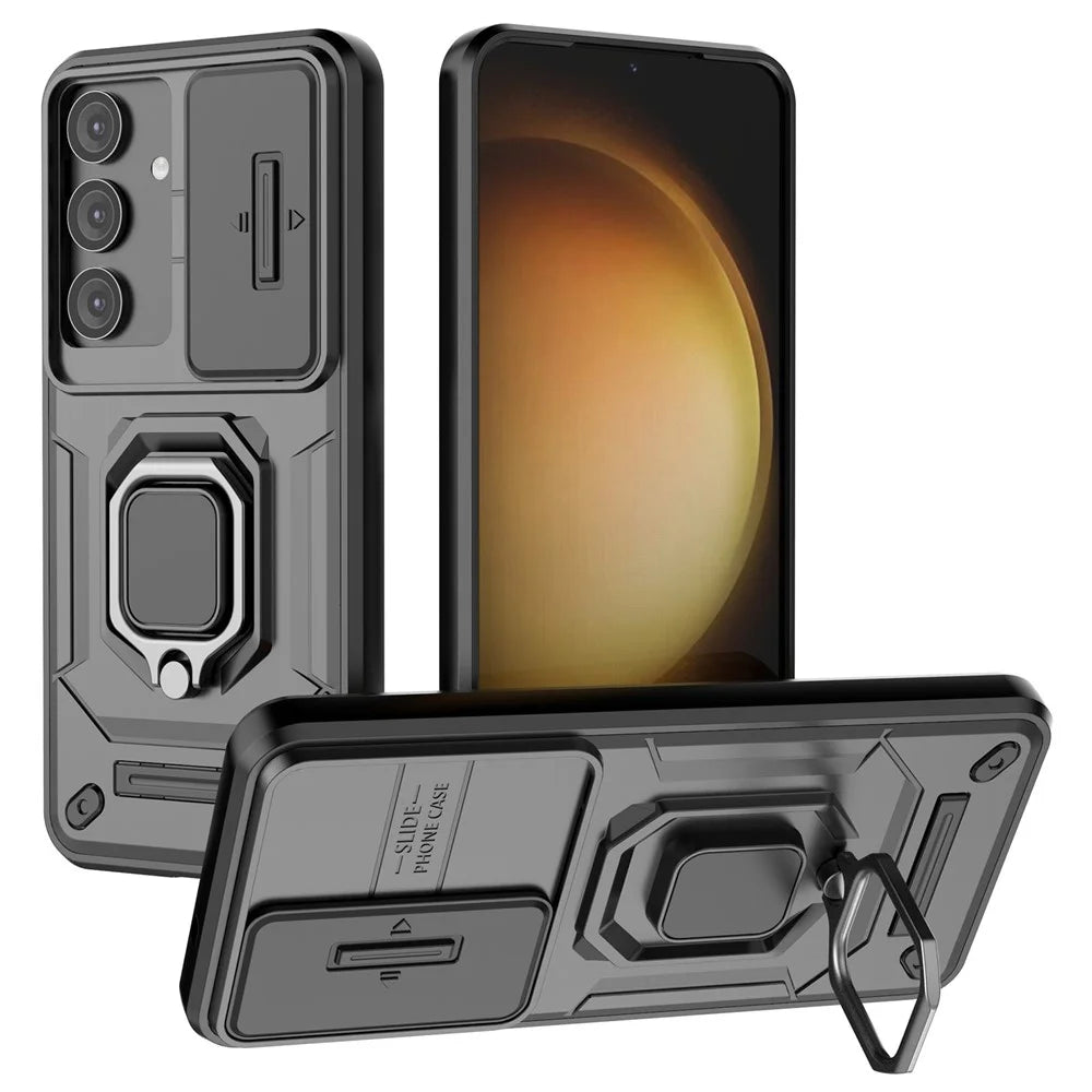 For Samsung Galaxy S25 Case PC+TPU Kickstand Phone Protector with Lens Cover - Black - 1