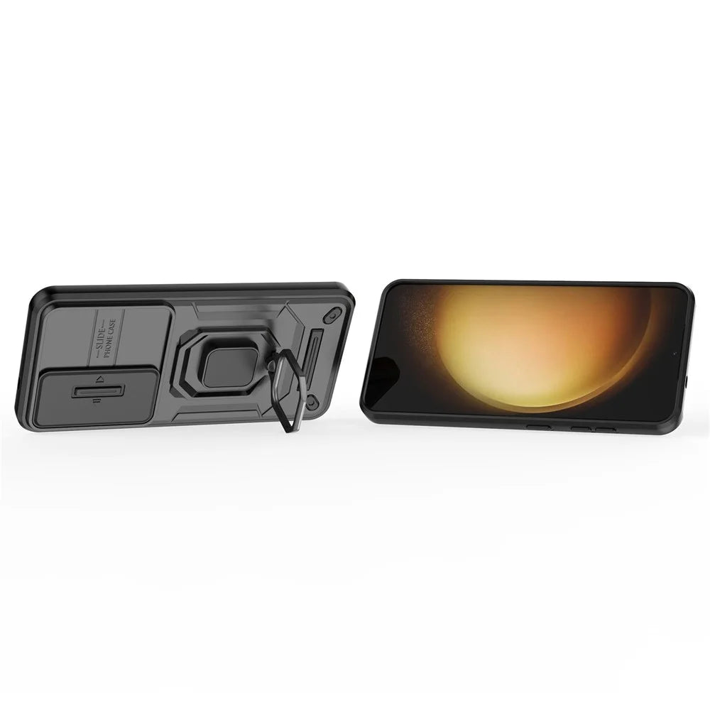 For Samsung Galaxy S25 Case PC+TPU Kickstand Phone Protector with Lens Cover - Black - 2