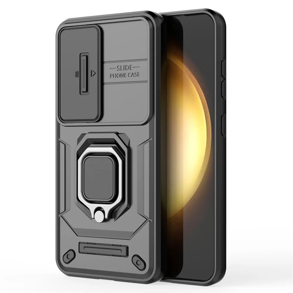 For Samsung Galaxy S25 Case PC+TPU Kickstand Phone Protector with Lens Cover - Black - 4
