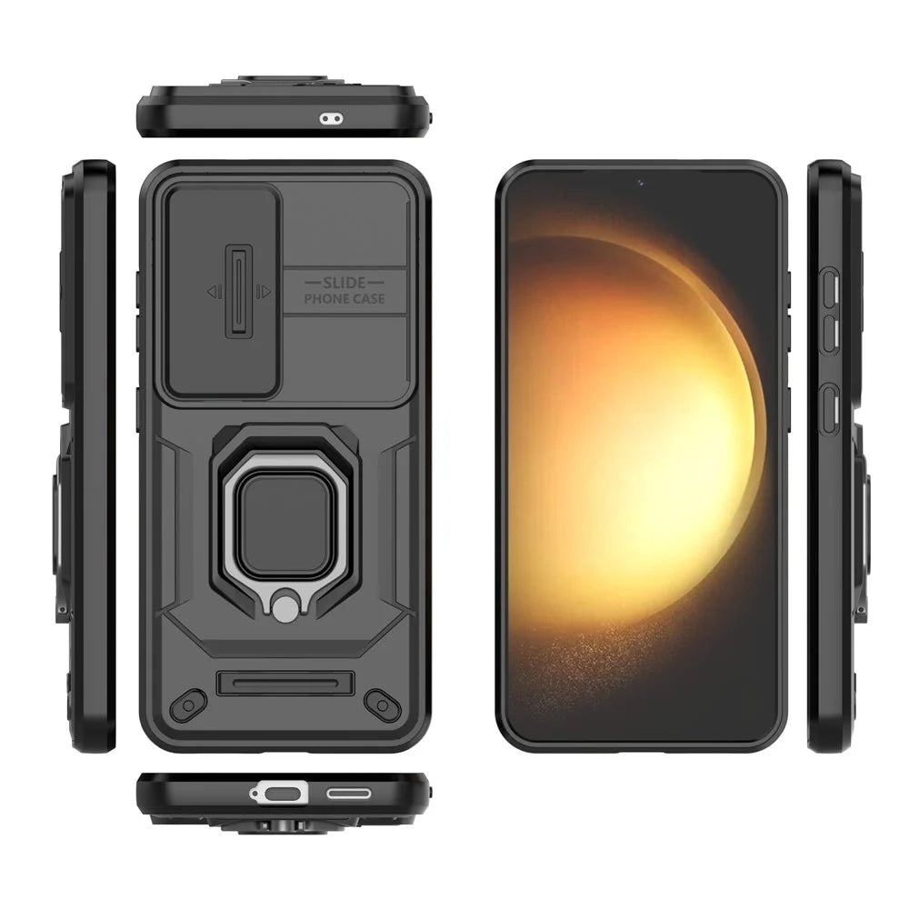 For Samsung Galaxy S25 Case PC+TPU Kickstand Phone Protector with Lens Cover - Black - 5