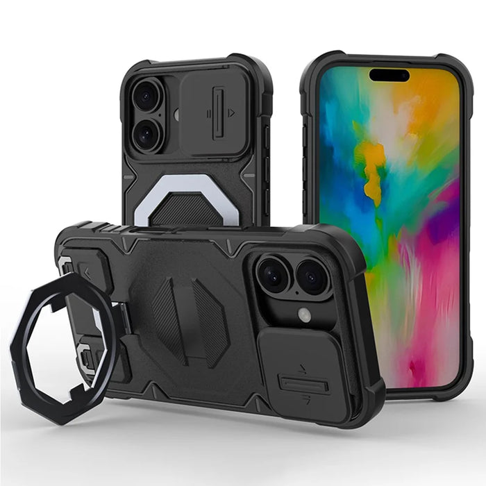 For iPhone 16 Case Compatible with MagSafe PC+TPU Kickstand Phone Cover with Lanyard - Black - 1