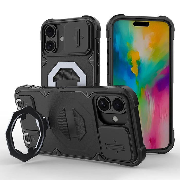 For iPhone 16 Plus Case Compatible with MagSafe PC+TPU Kickstand Phone Cover with Lanyard - Black - 1